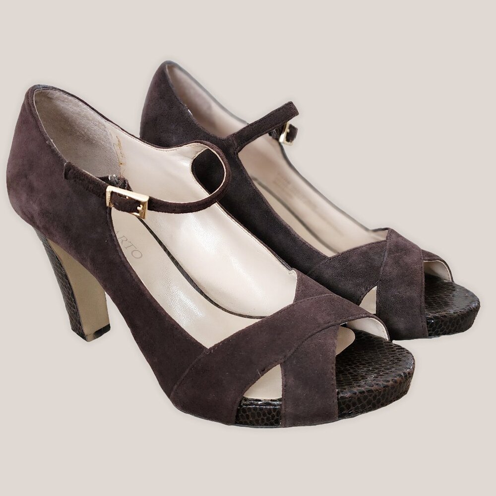 FRANCO SARTO Vintage Mary Jane Brown Suede Heels in Valita Strappy Pumps